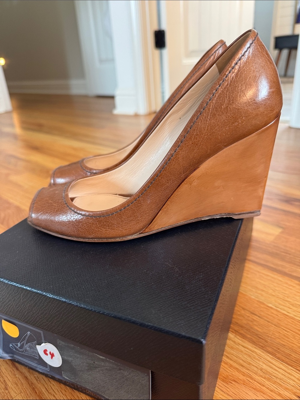 Prada Tan Leather Peep-Toe Heels - Picture 2 of 7